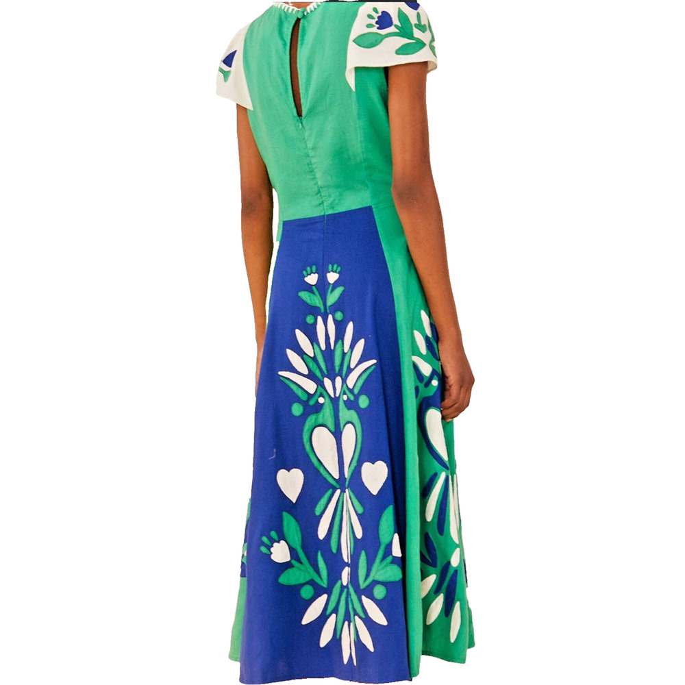 FARM RIO SOFT GARDEN BLUE GREEN FLORAL MIDI DRESS BELTED LINEN BLEND XL - Picture 5 of 10